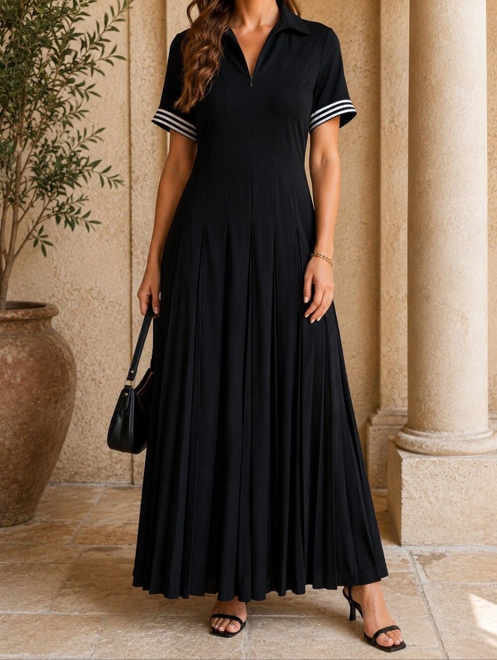 Cynthia Howie Boutique Black Pleated Maxi Dress Size 12 White Stripe